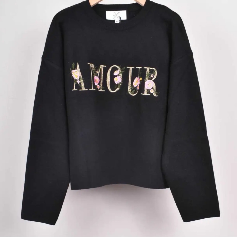 ShopEvelynne Black Sweater with Gold & Pink Floral 'AMOUR' Embroidery